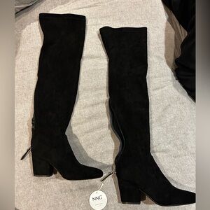 Over-The-Knee Black Suede Block Heel Boots -